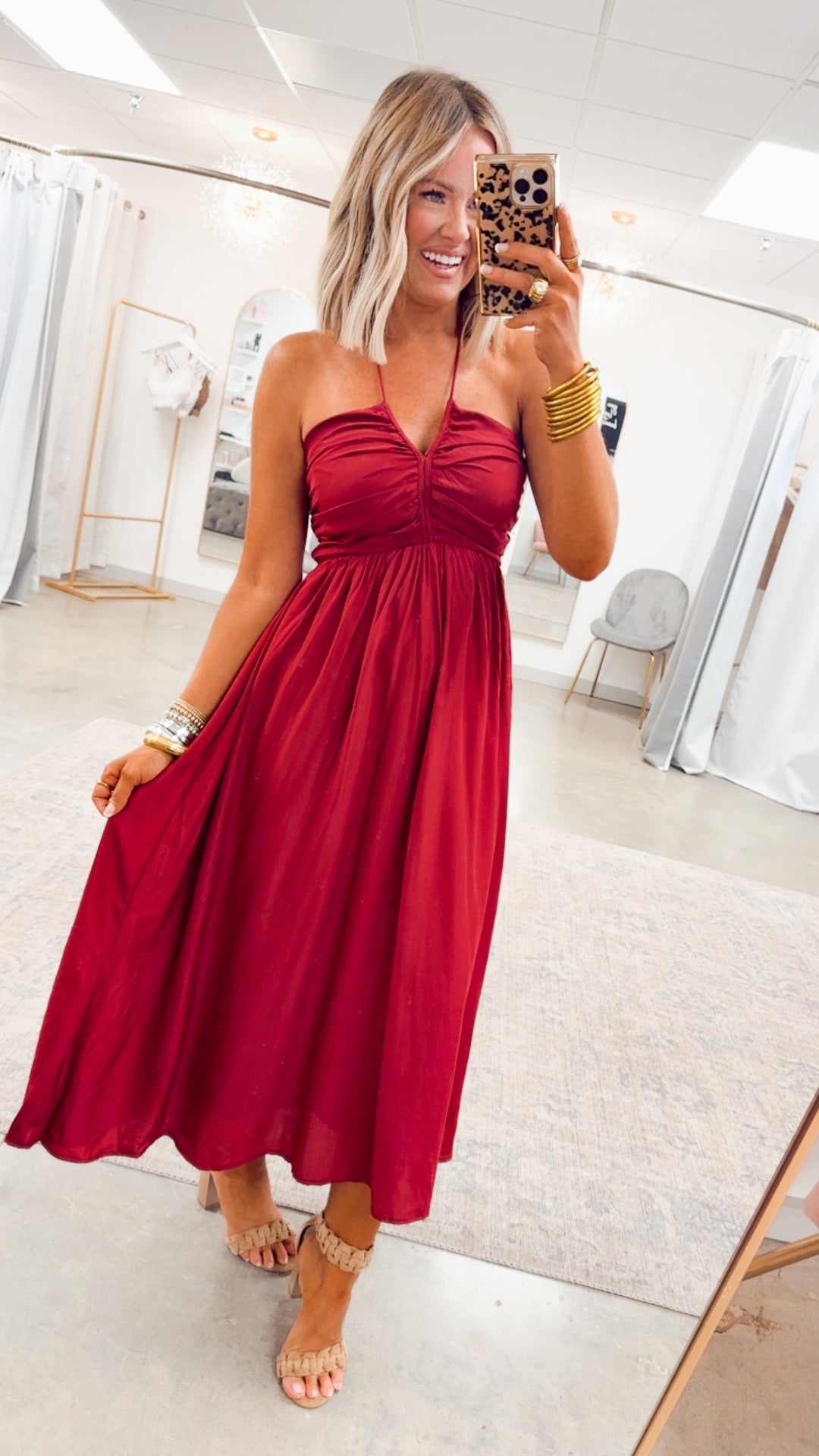 Anastasia Smocked Back Midi Dress-Wine