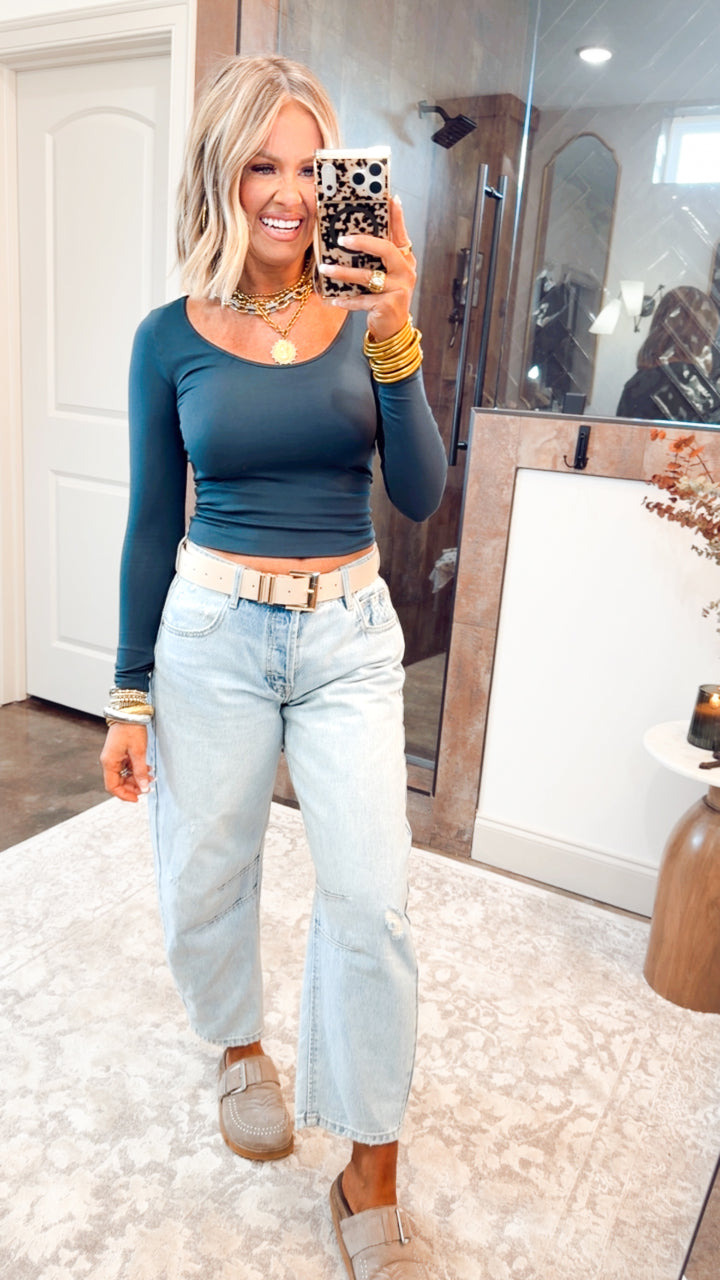 Basic Long Sleeve Scoop Neck Top-Forest Night