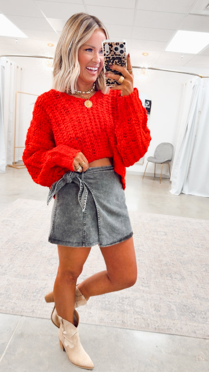 Poppy Cropped Sweater-Red