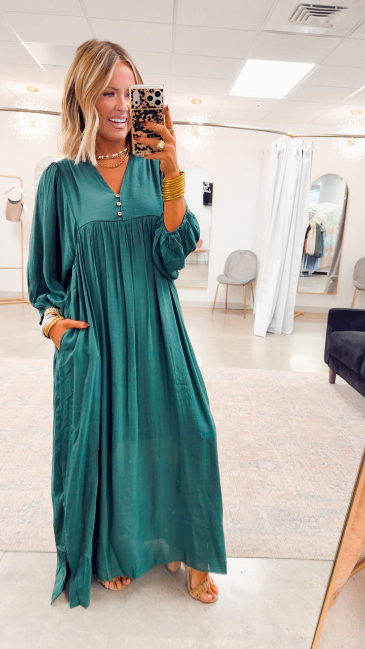 Bell Sleeve Midi Dress-Hunter Green