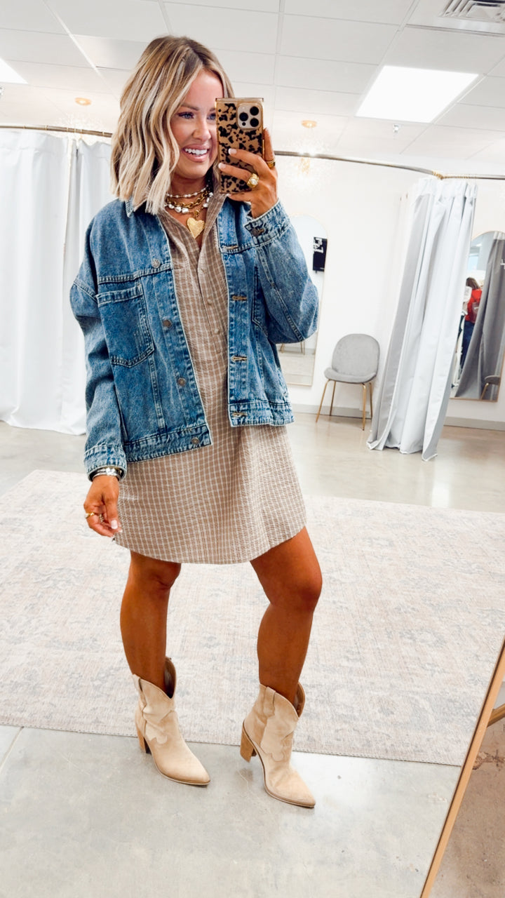 Checkered Shirt Dress-Mocha