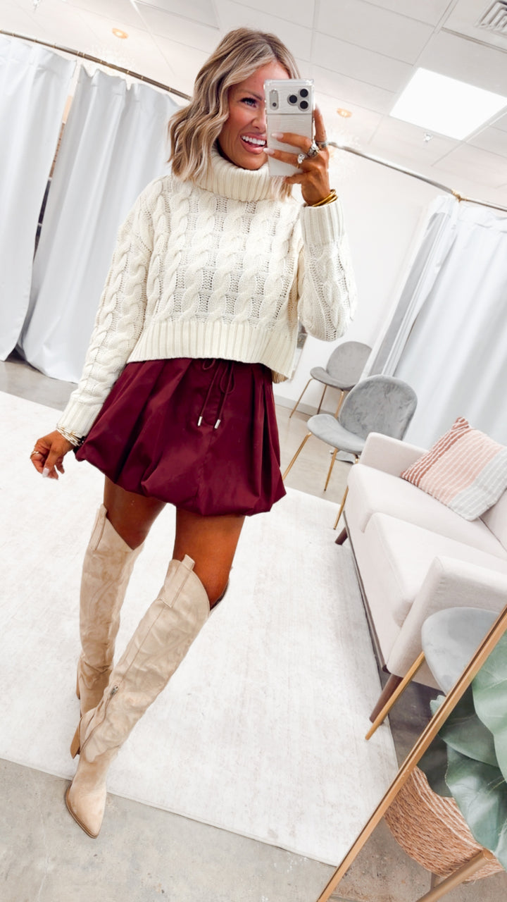 Pleated Bubble Hem Skirt-Maroon