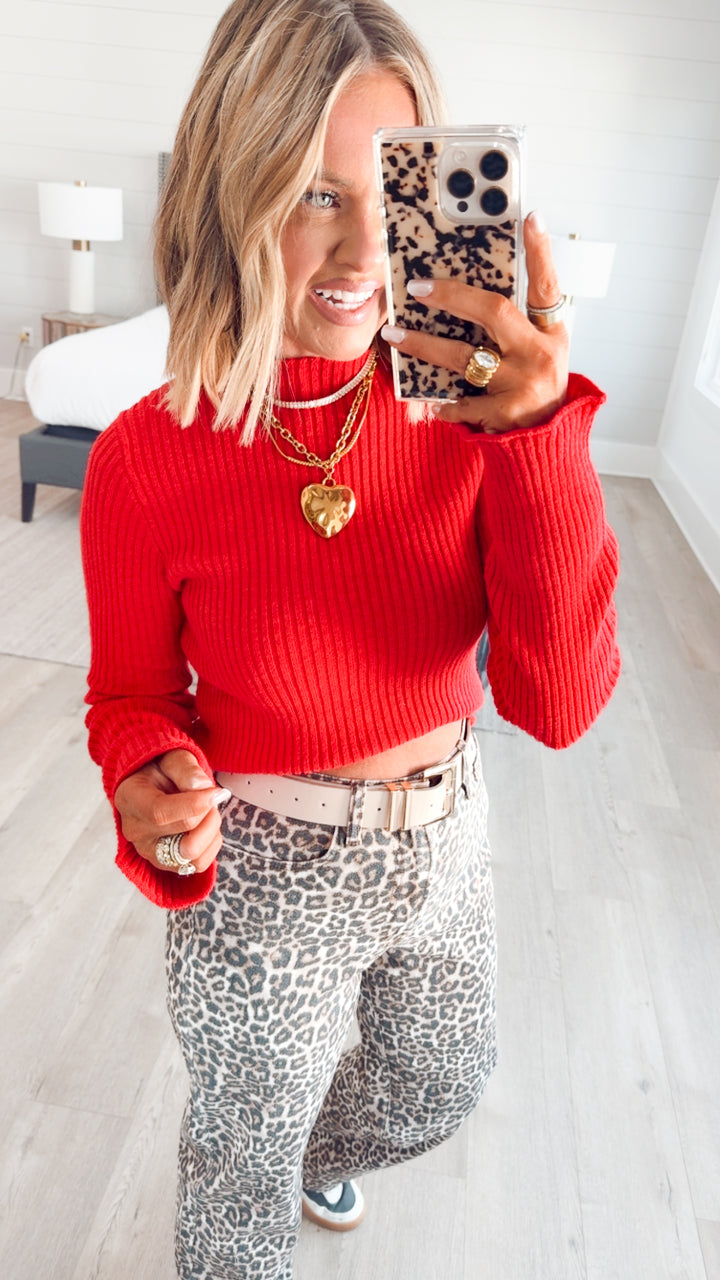 Sleek Mock Neck Ribbed Top-Red