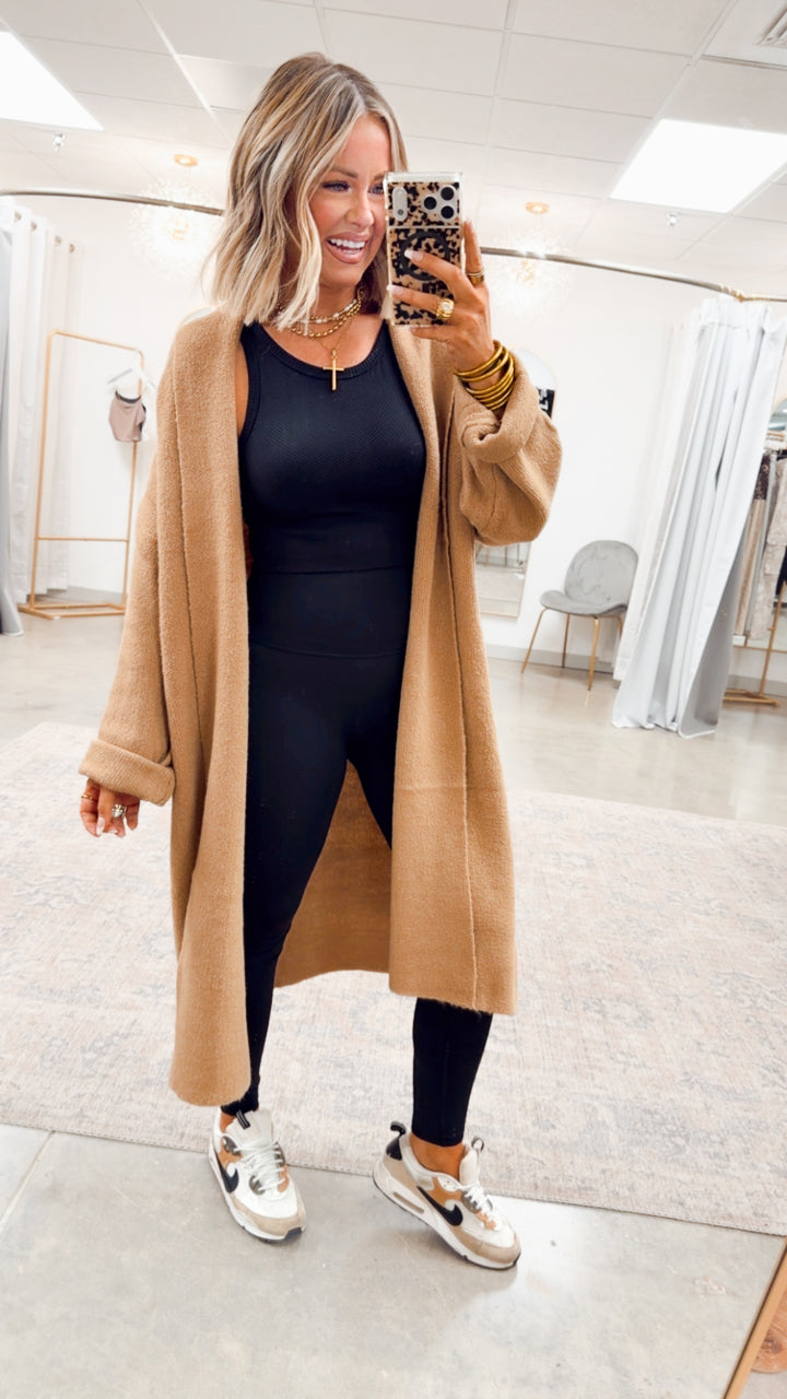 Longline Open Front Cardigan-Dk Taupe