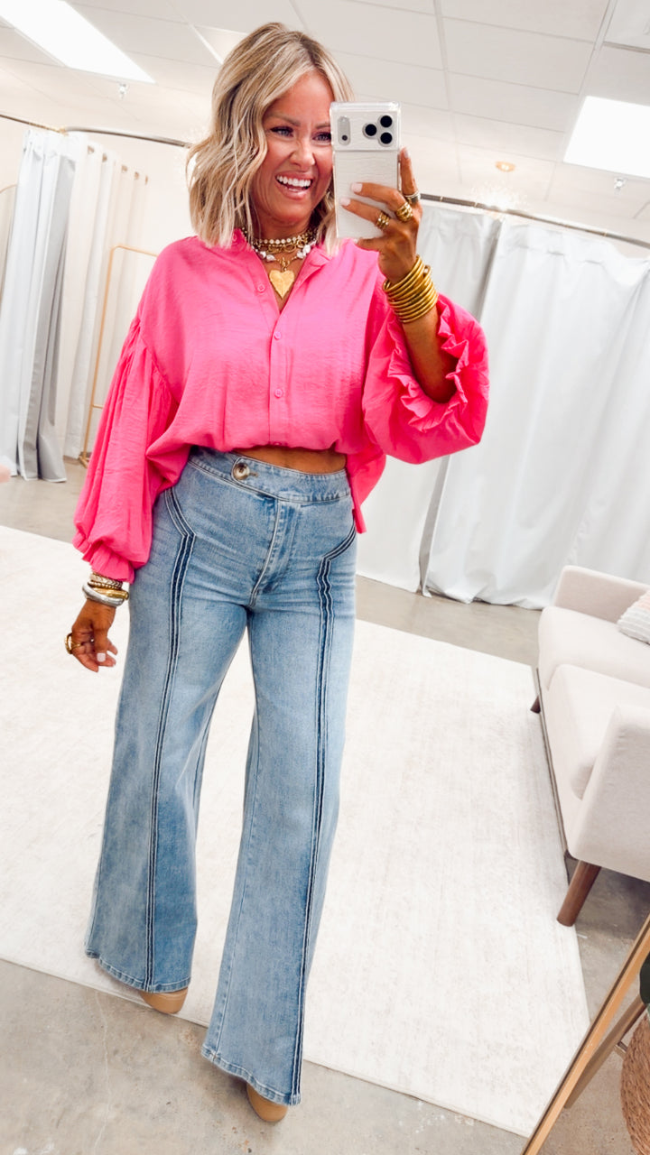 The Lucia Puff Sleeve Blouse-Fuchsia