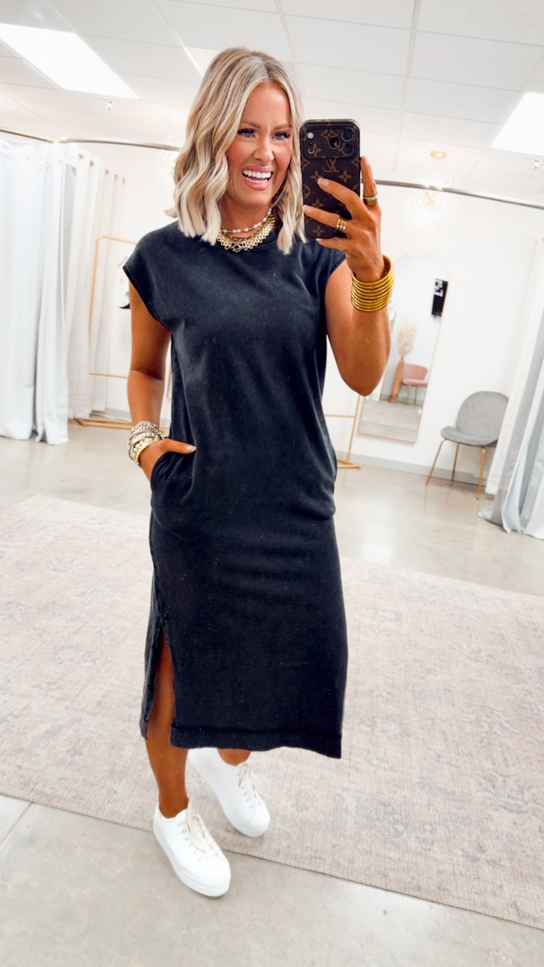 Mineral Washed Cap Sleeve Midi Dress-Black