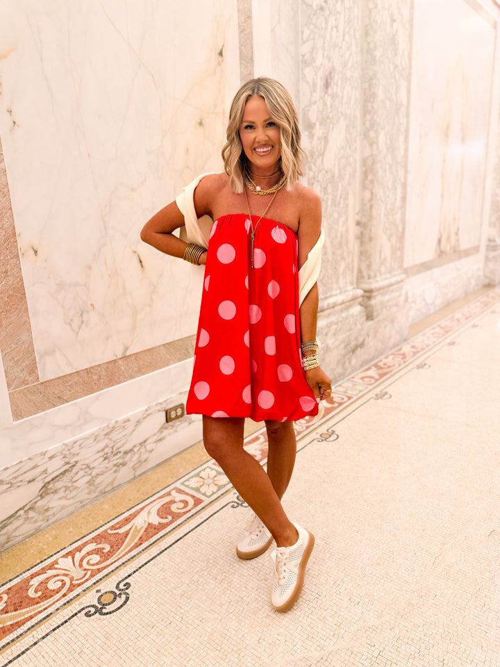 Darling Polka Dot Bubble Hem Dress-Red/Pink