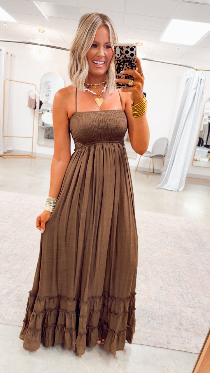 Viviana Smocked Halter Maxi Dress-Chocolate