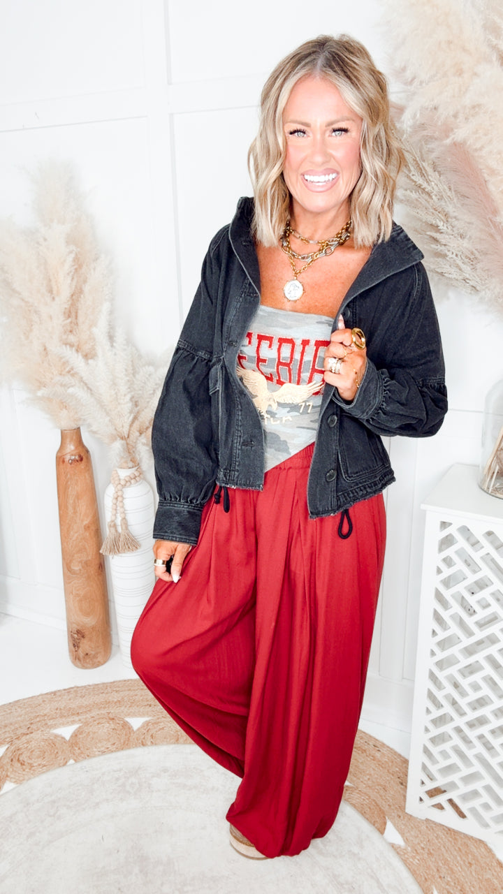 Cecily Pleated Lantern Pants-Burgundy