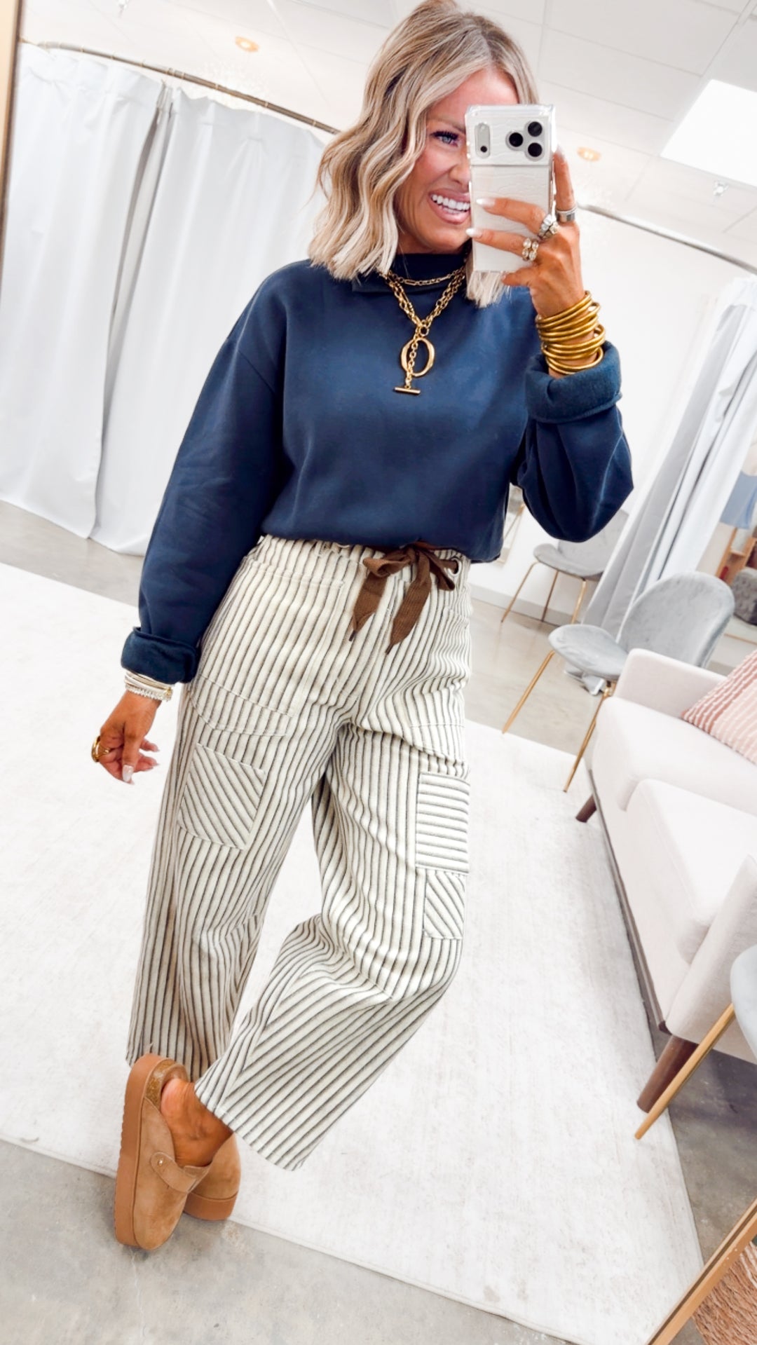 The Brighton Stripe Pants-Oatmeal/Navy