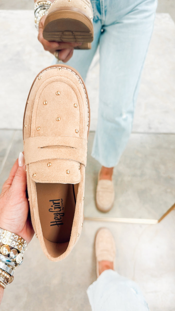 Corkys Stud Muffin Loafers -Sand Faux Suede