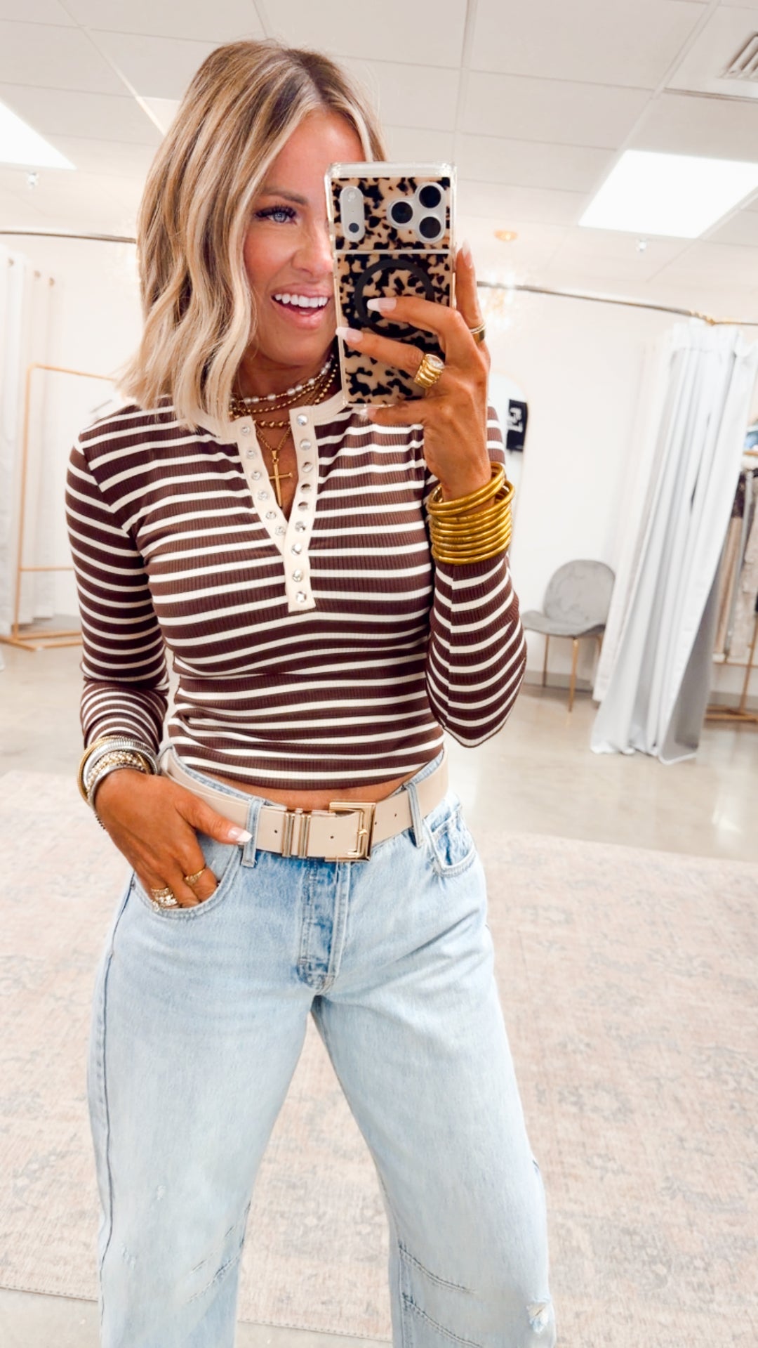 Henley Snap Button Top-Chocolate