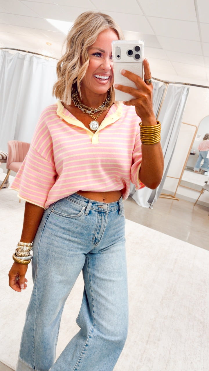 The Shoreline Henley Tee-Pink Lemonade