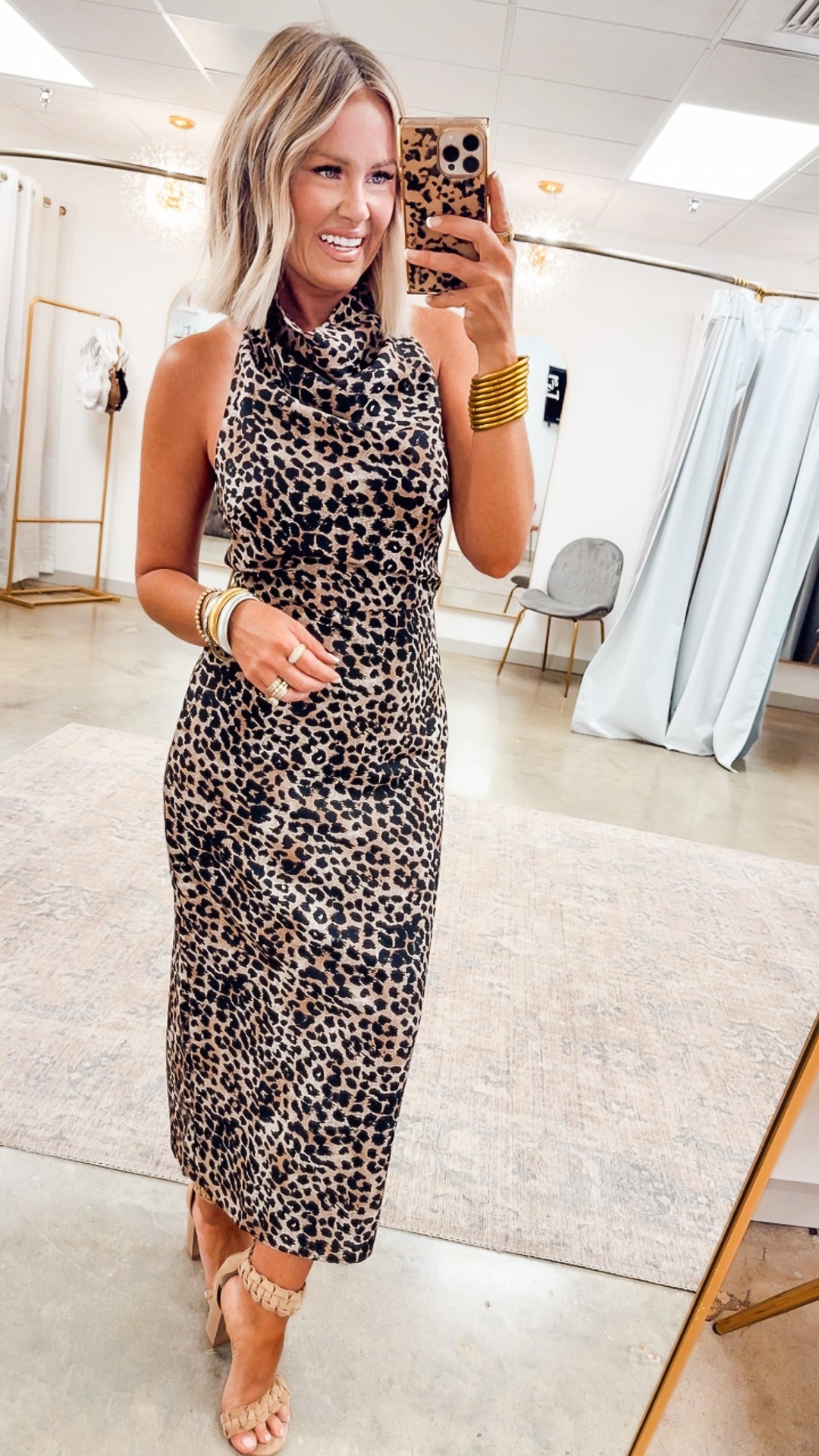 Leopard Halter Cowl Neck Midi Dress