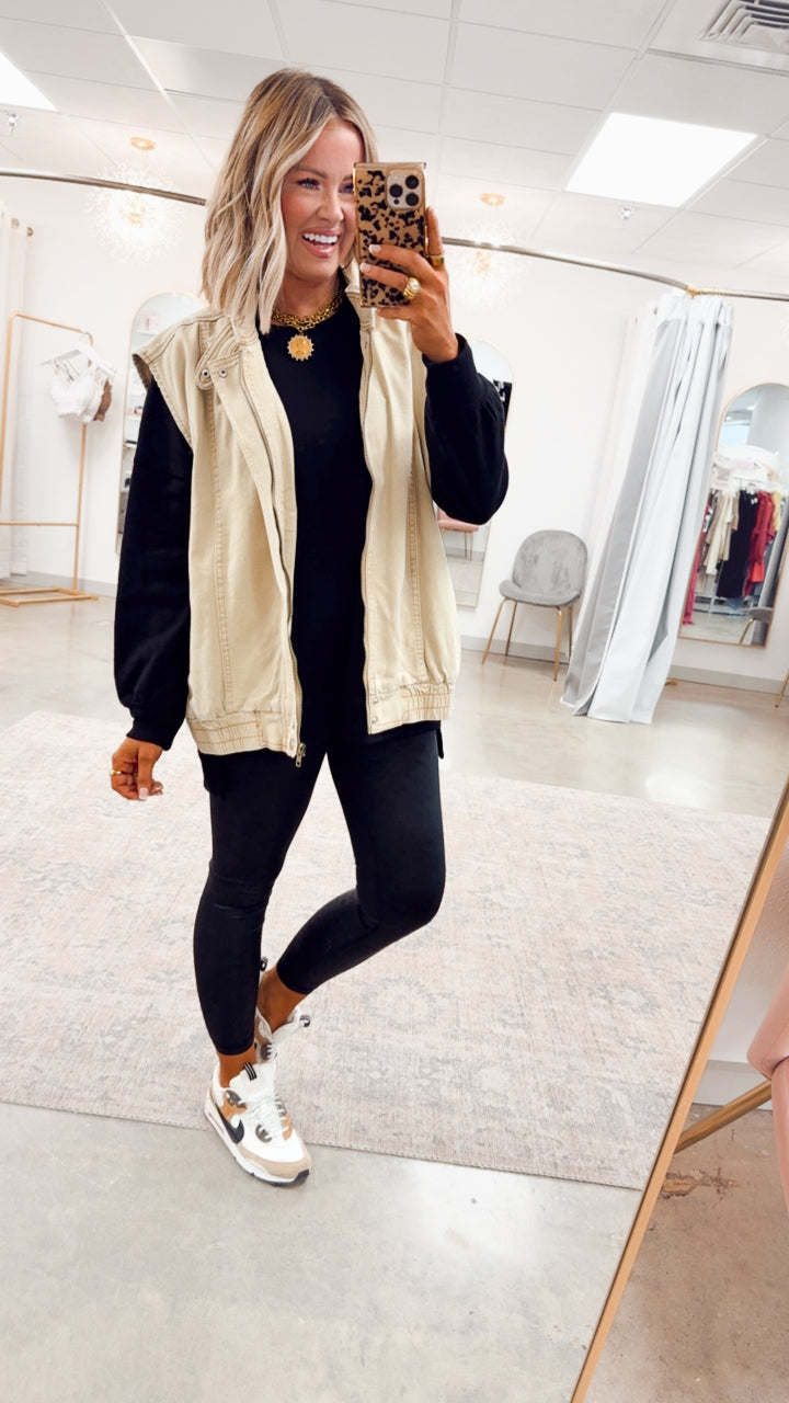 Denim High Neck Vest-Sandstone