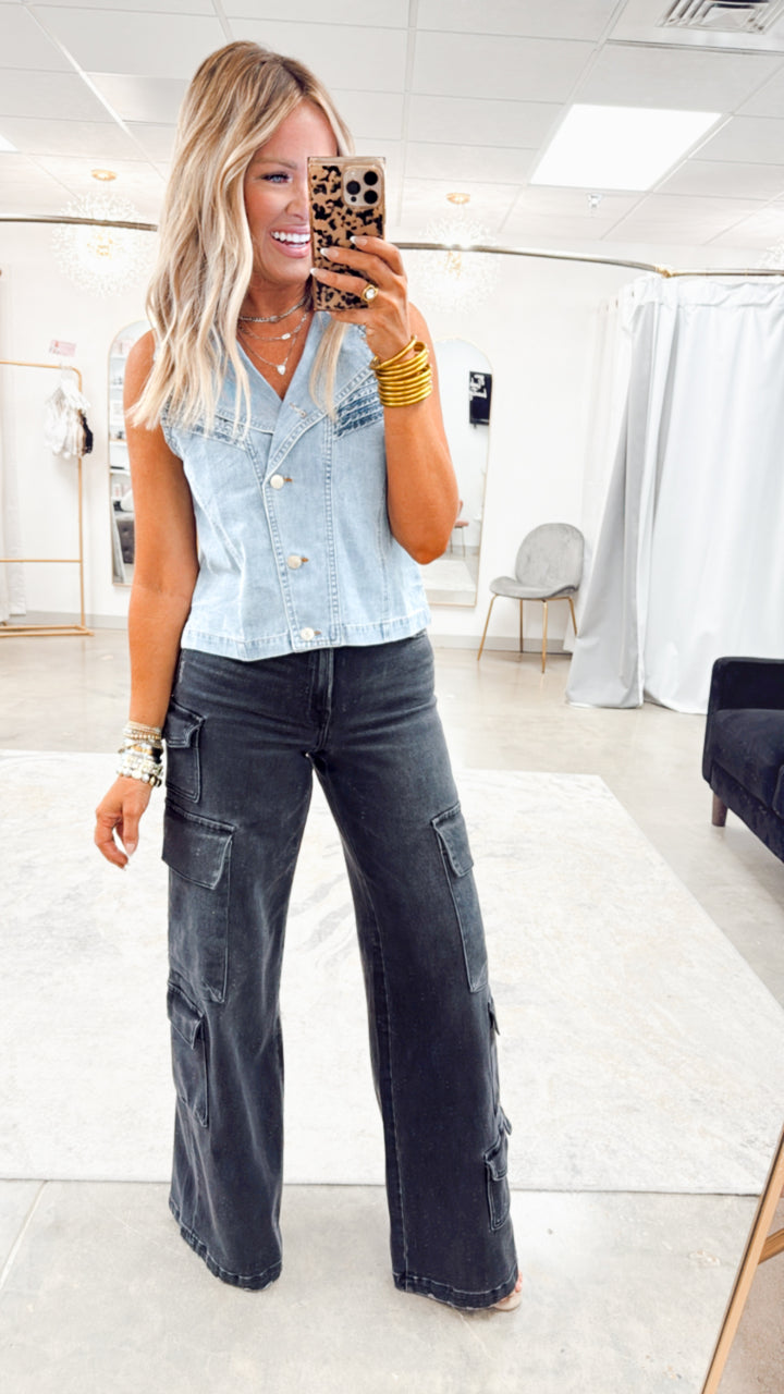 Charcoal Couture-High Rise Cargo Jeans