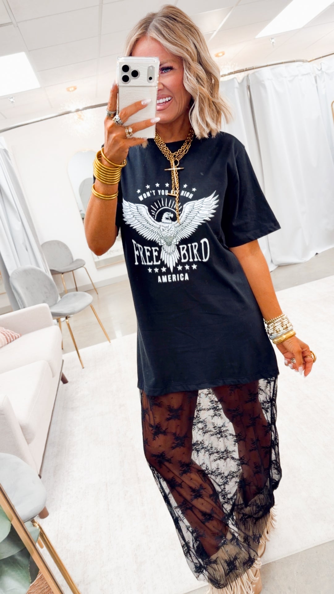 Free Bird America Floral Lace T-Shirt Dress-Black