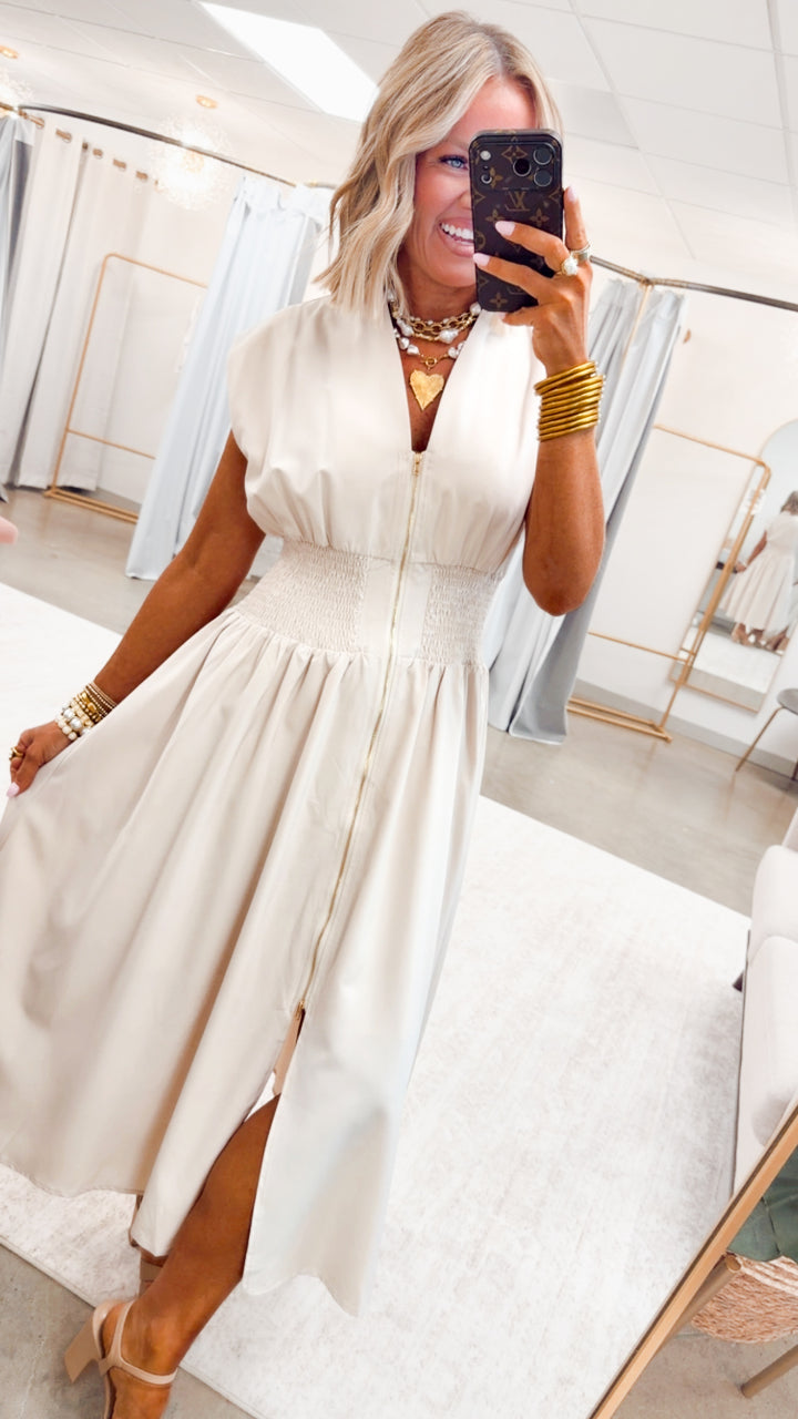 The Aveline Smocked Midi Dress-Champagne