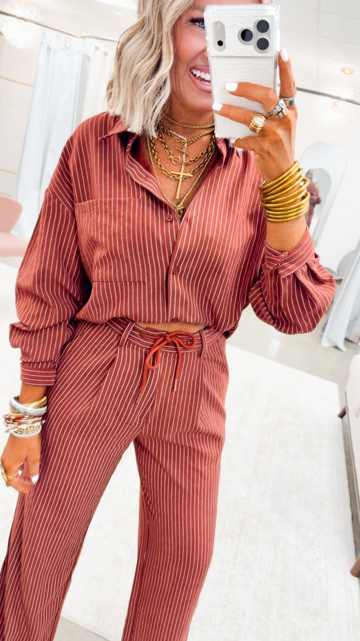 Lexi Pinstripe Top & Pants Set-Burgundy