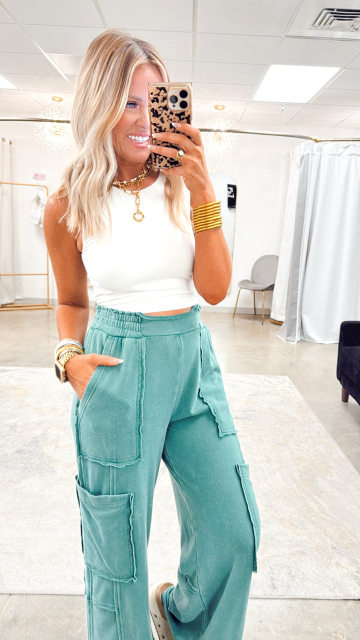 Stonewash Utility Sweatpants-Dark Green