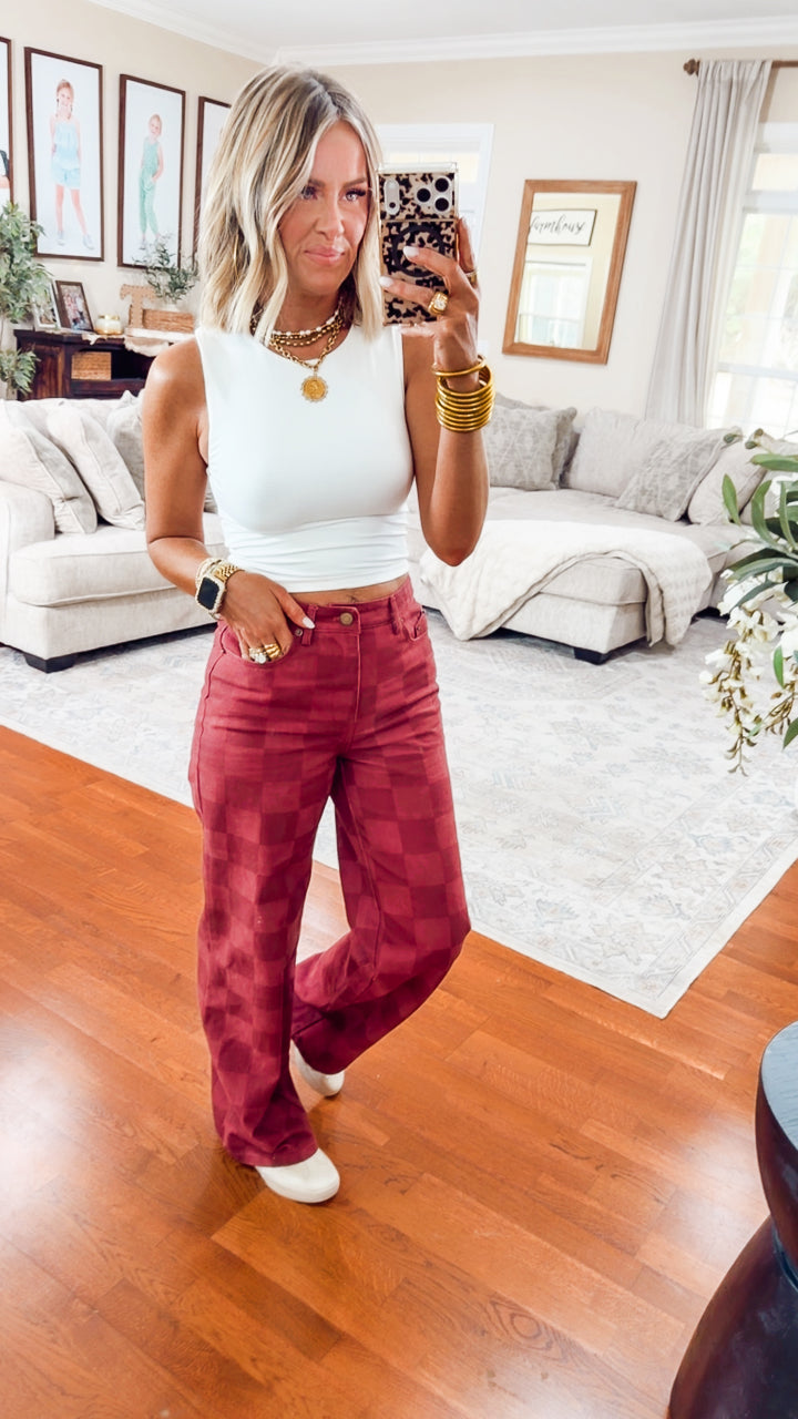 The Checkmate Cutie Jeans-Burgundy