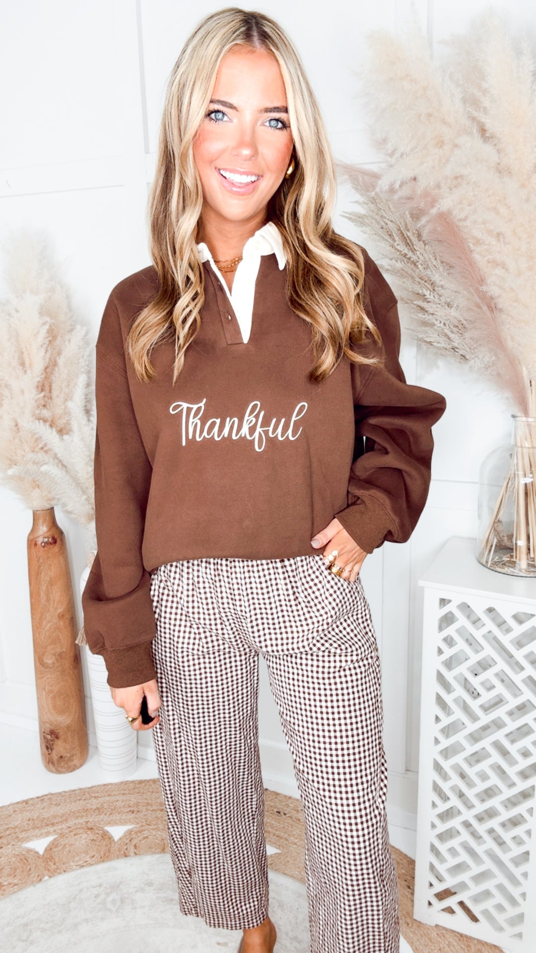 The Gingham Grove Pants-Espresso/White