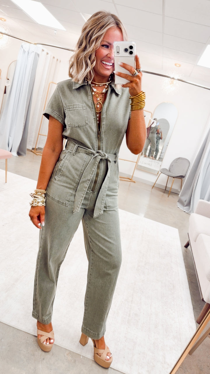 The Maverick Denim Jumpsuit-Olive