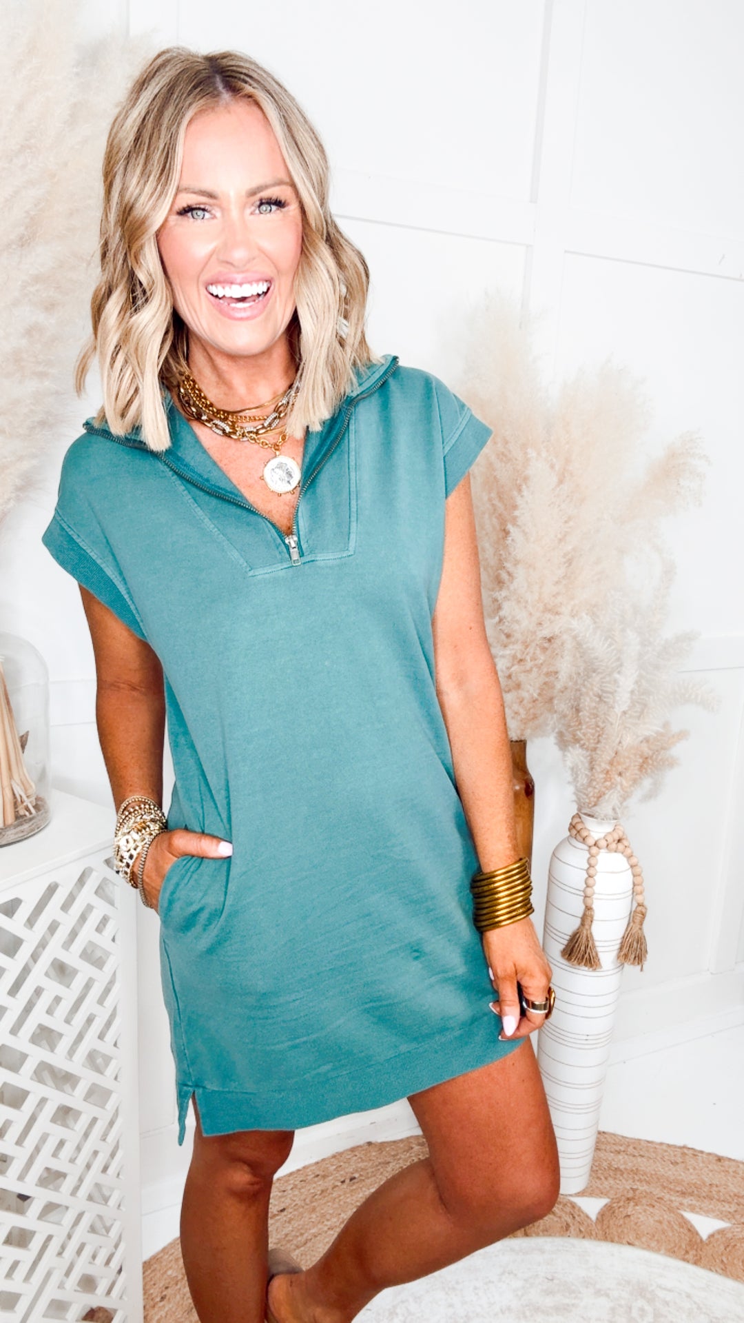 The Varsity Zip Mini Dress-Dark Teal