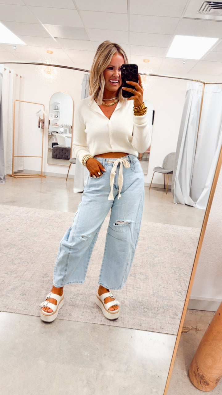 Emmie Eyelet Belted Barrel Jeans