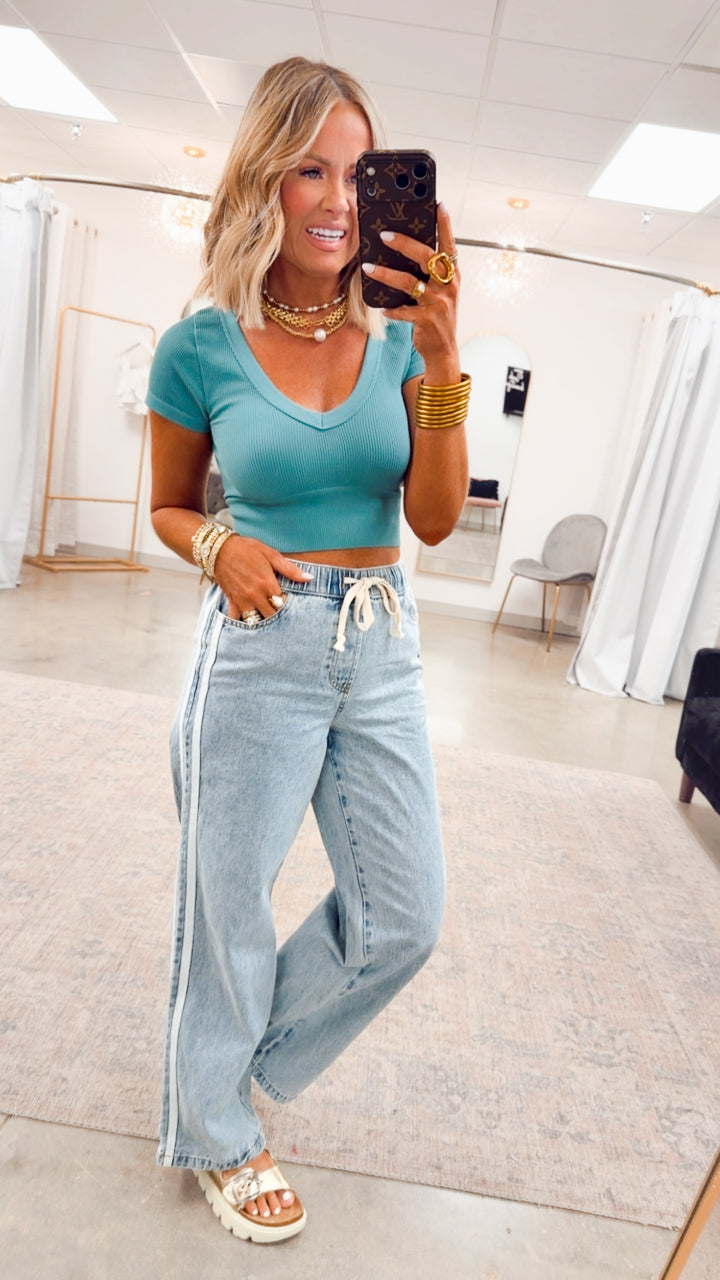 Everly V Neck Cropped Tee-Dusty Teal