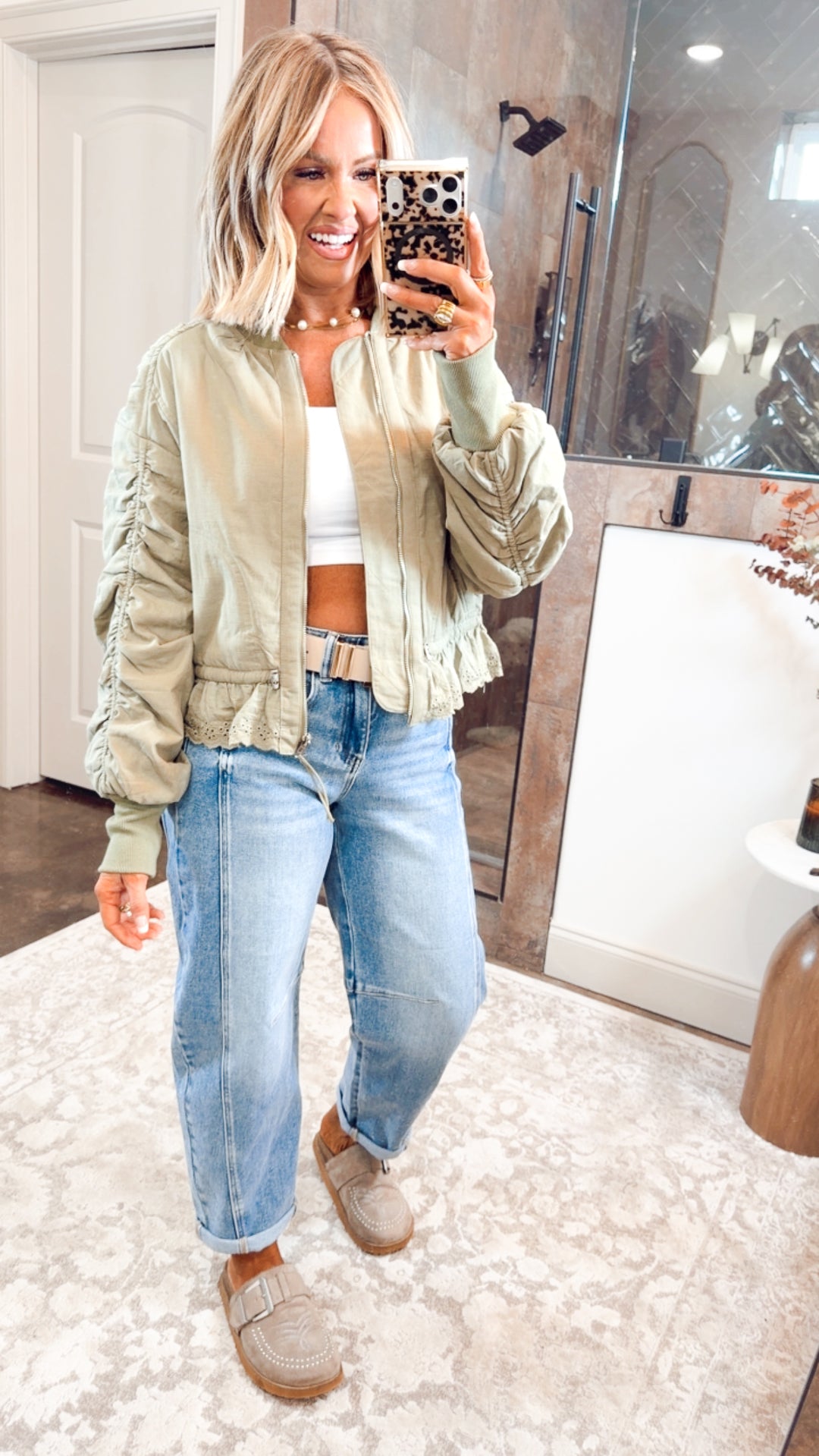 Ruched Sleeve Bomber Jacket-Light Olive