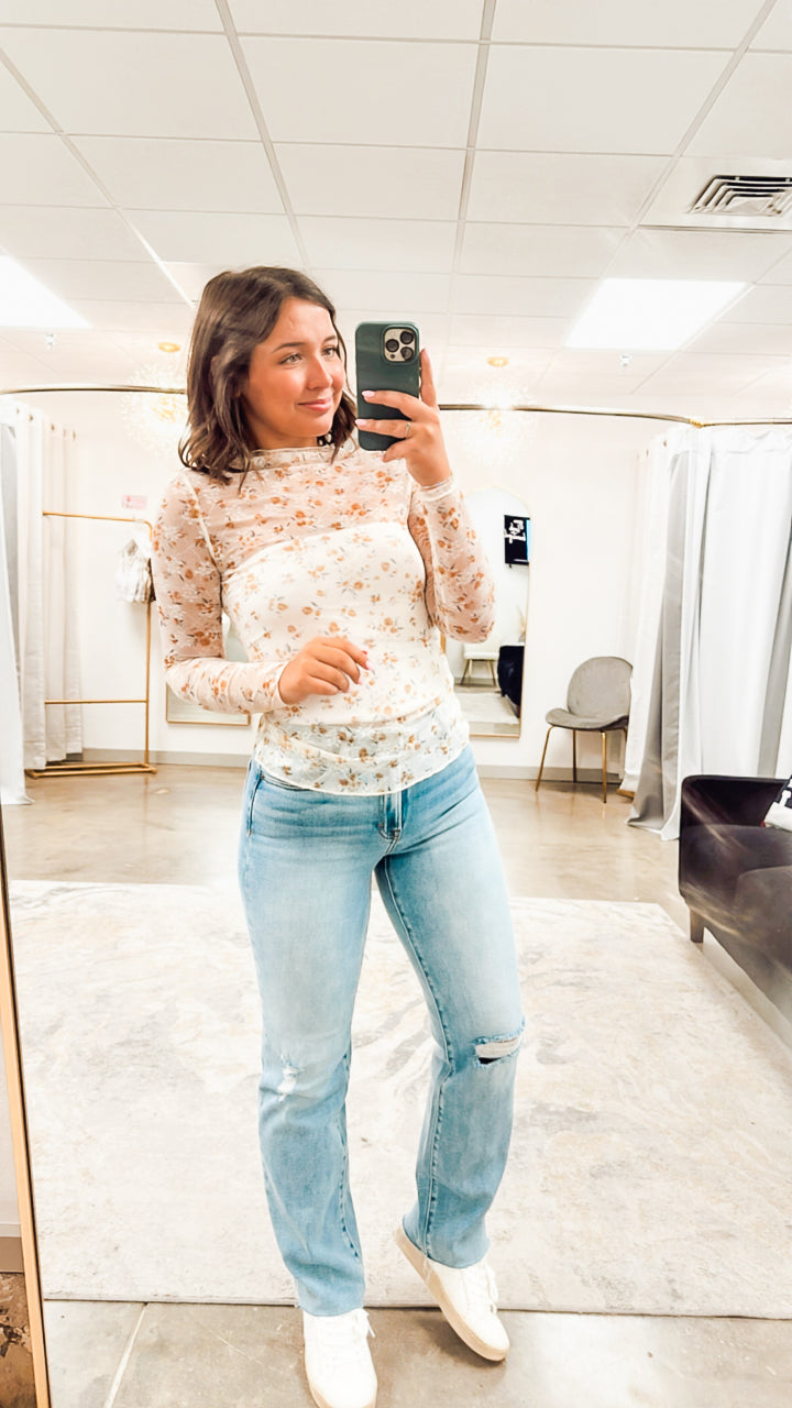 Floral Mesh Turtle Neck Top-Apricot