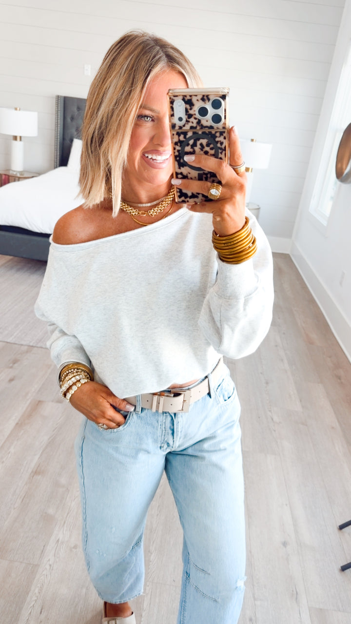 Alina Off Shoulder Sweatshirt-White Melange