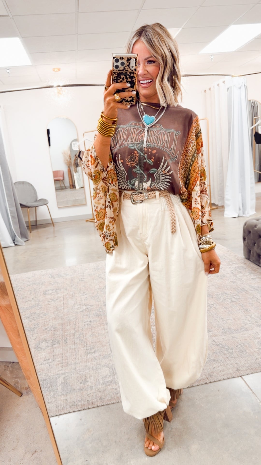 Rock N Roll Graphic Kantha Top-Brown