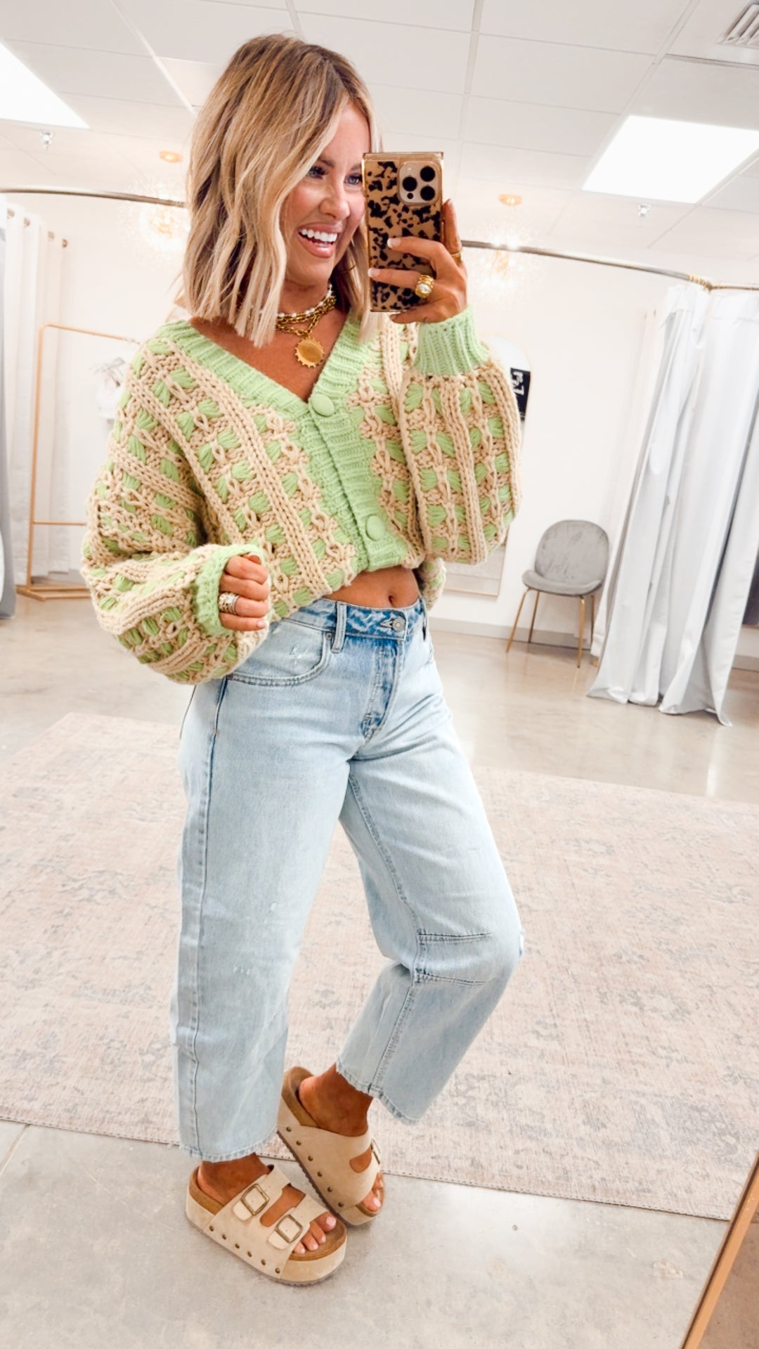 Chunky Lattice Cardigan-Green/Taupe