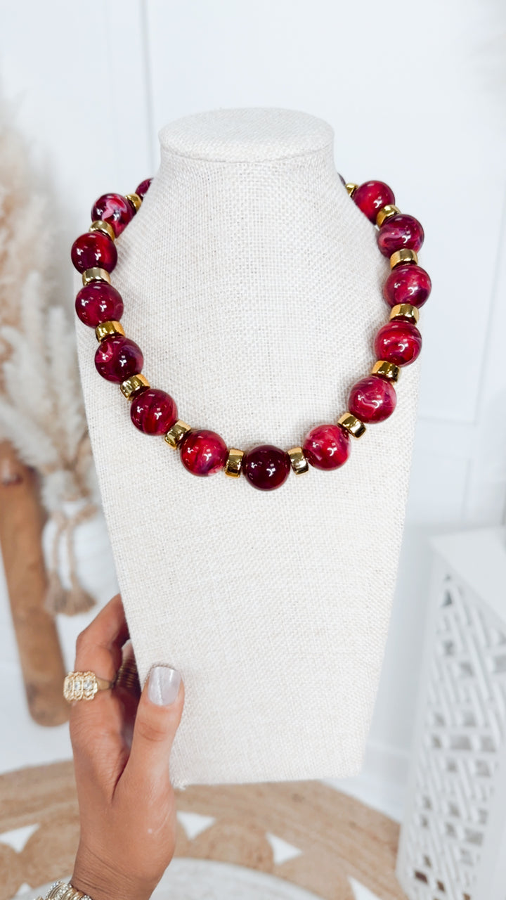 The Jessica Chunky Beaded Necklace-Red
