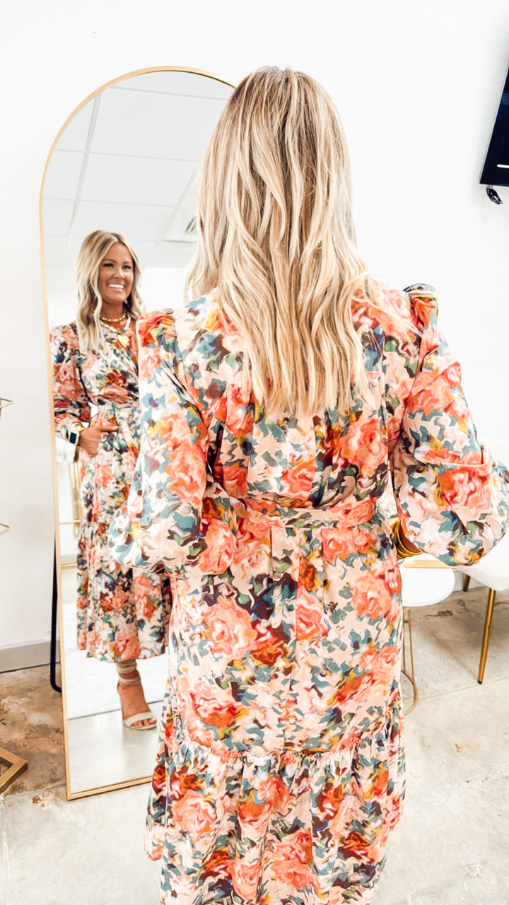 Copper Blooms Midi Dress