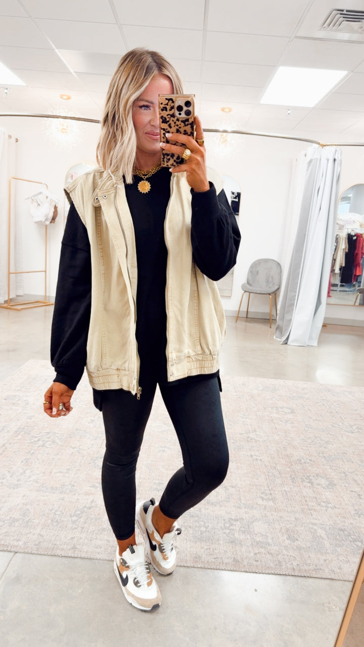 Denim High Neck Vest-Sandstone