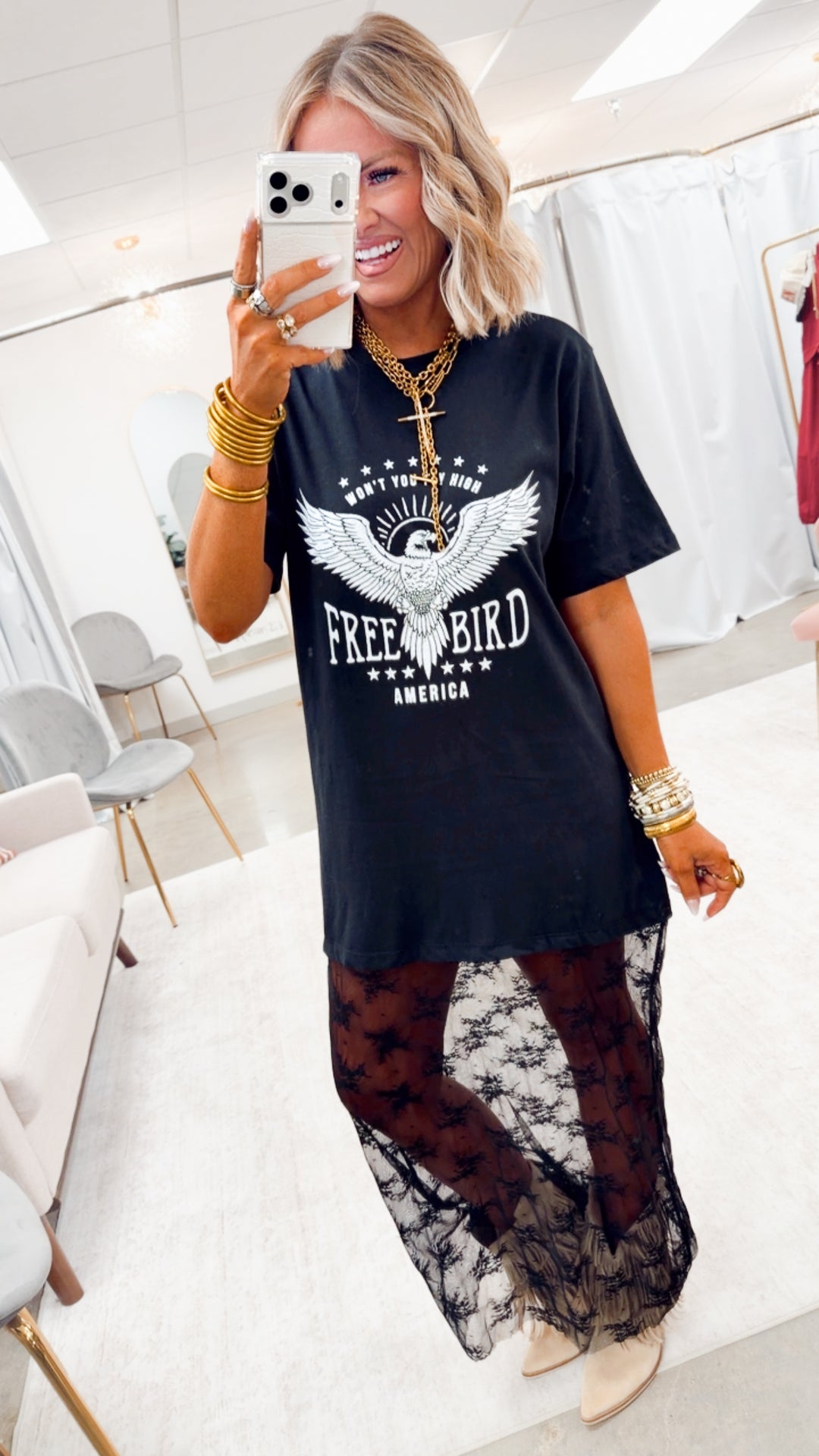 Free Bird America Floral Lace T-Shirt Dress-Black