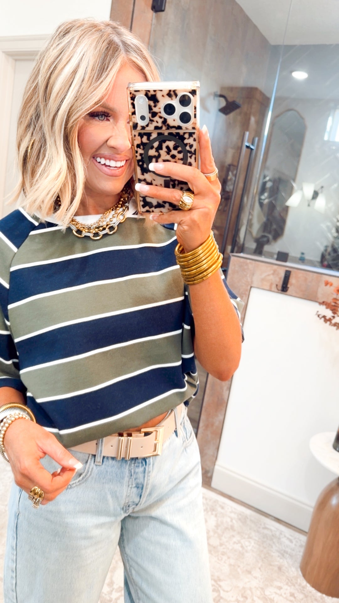 Stripe Edit Top-Olive/Navy