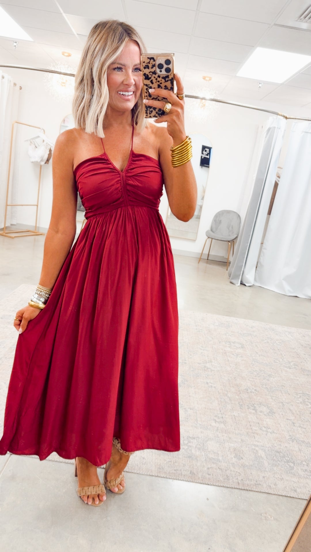 Anastasia Smocked Back Midi Dress-Wine