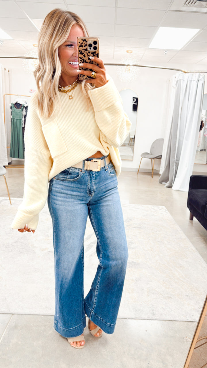 Oversized Drop Shoulder Knit Sweater-Cream