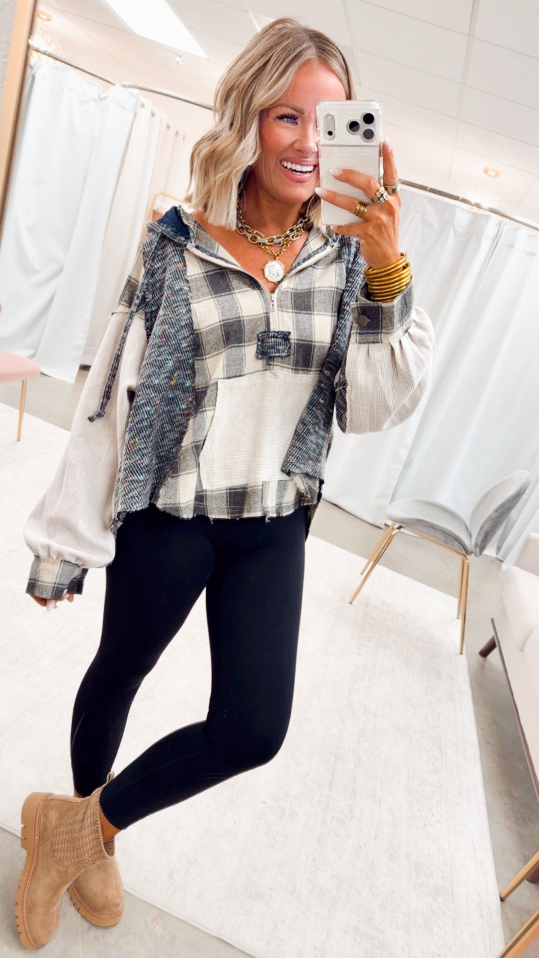 The Gypsy Soul Hoodie Top-Beige Plaid