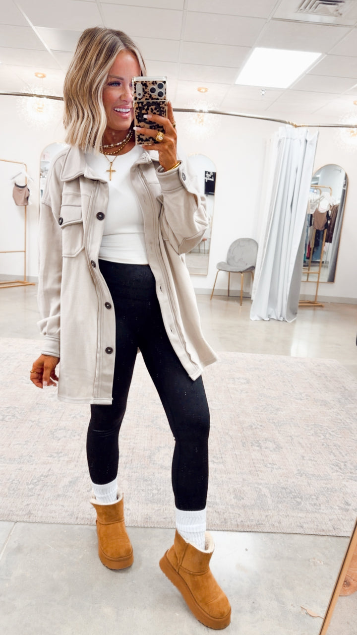 Oversized Basic Fleece Shacket-Sand Beige