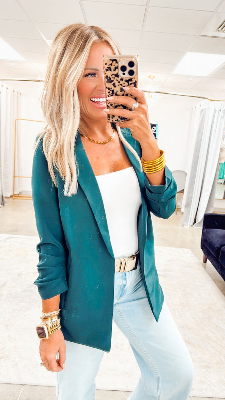 The Modern Ruched Sleeve Blazer-Hunter Green