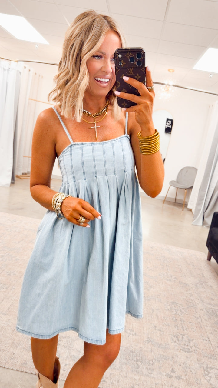 Teagan Pleated Mini Dress-Light Denim