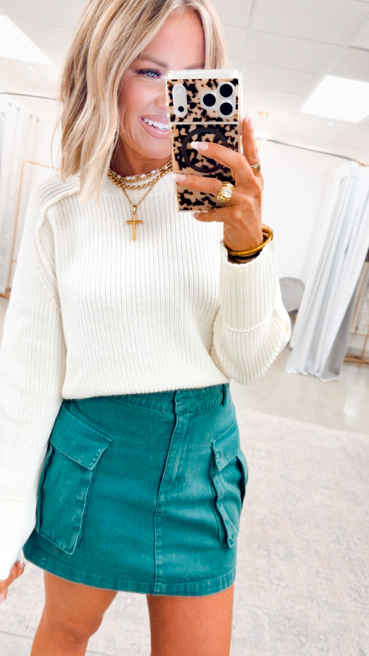 Mineral Washed Cargo Mini Skirt-Green