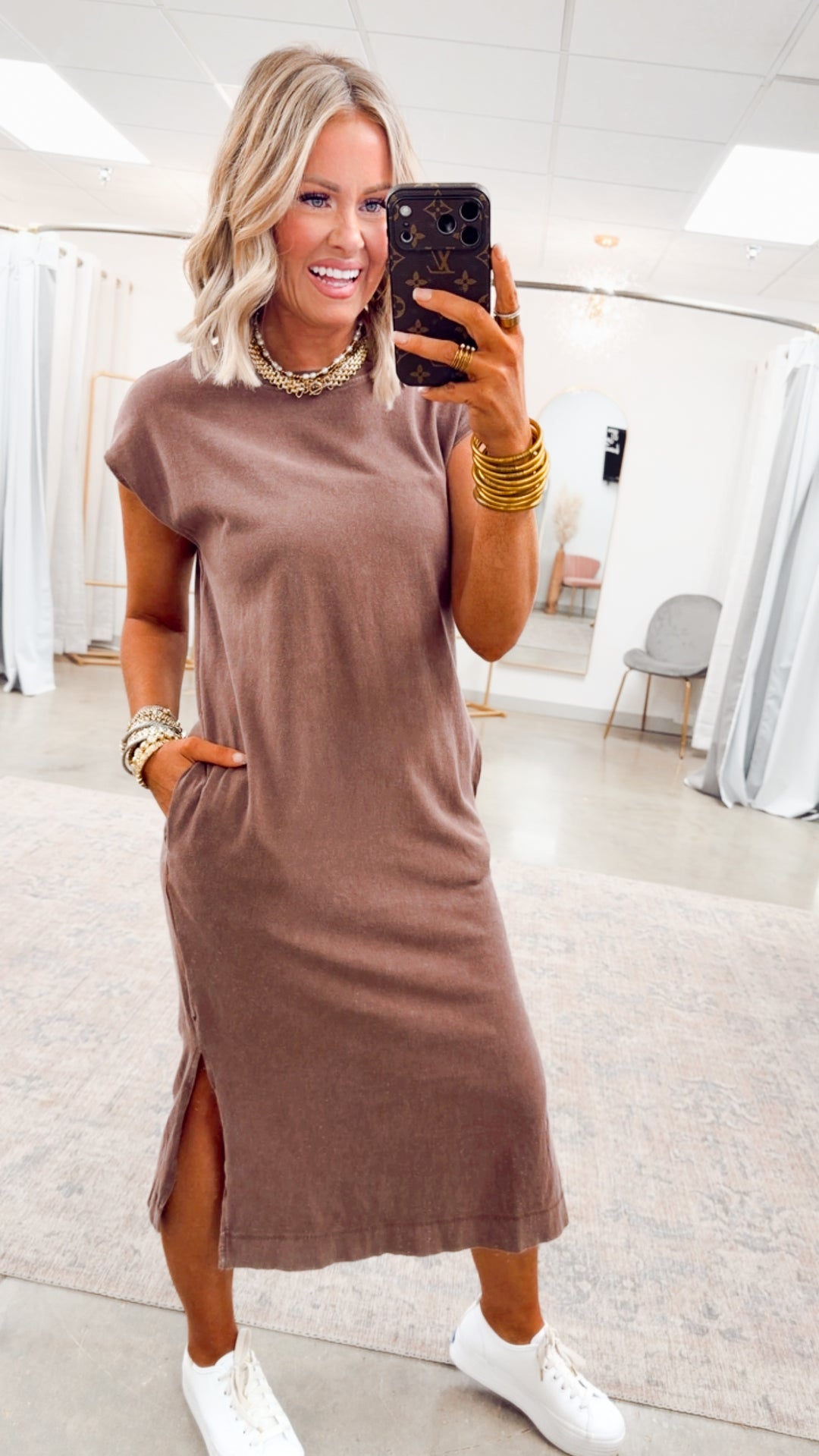 Mineral Washed Cap Sleeve Midi Dress-Chocolate