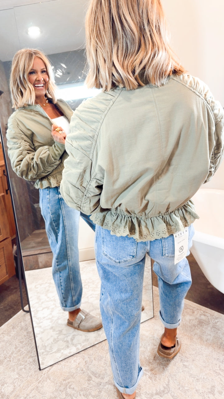 Ruched Sleeve Bomber Jacket-Light Olive