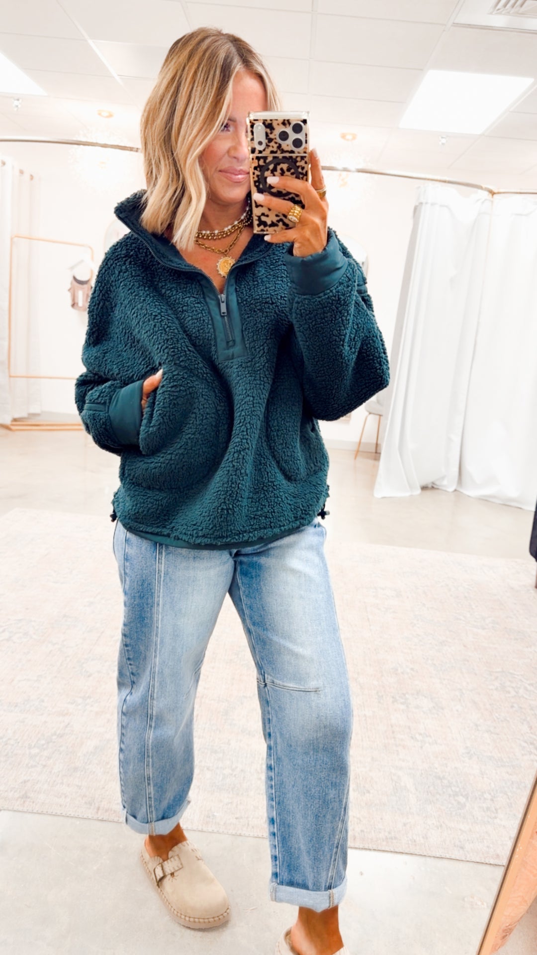 Sherpa Mock Neck Quarter Zip Jacket-Dk Green